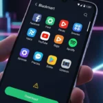 Blackmart App 2025 interface on Android with futuristic digital background