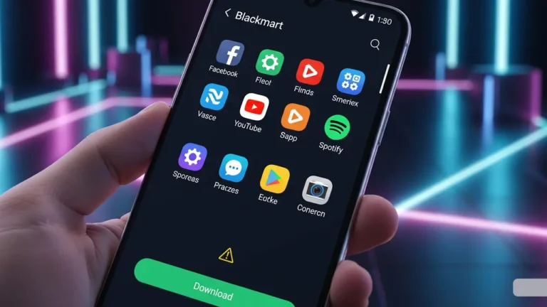 Blackmart App 2025 interface on Android with futuristic digital background